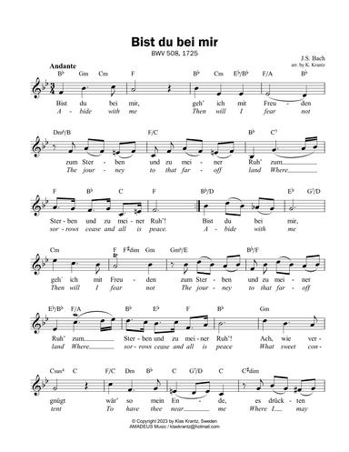 Bist du bei mir, Be thou with me BWV 508, lead sheet, guitar chords (Bb Major) (arr. K. Krantz)