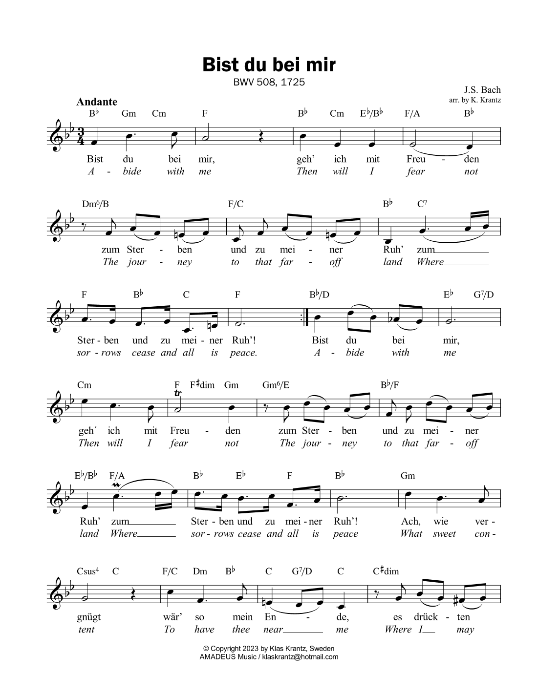 Bist du bei mir, Be thou with me BWV 508, lead sheet, guitar chords (Bb Major) (arr. K. Krantz)
