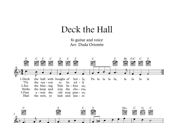 Deck the Halls  (F major - guitar TABS - with lyrics) (arr. Duda Oriontte)