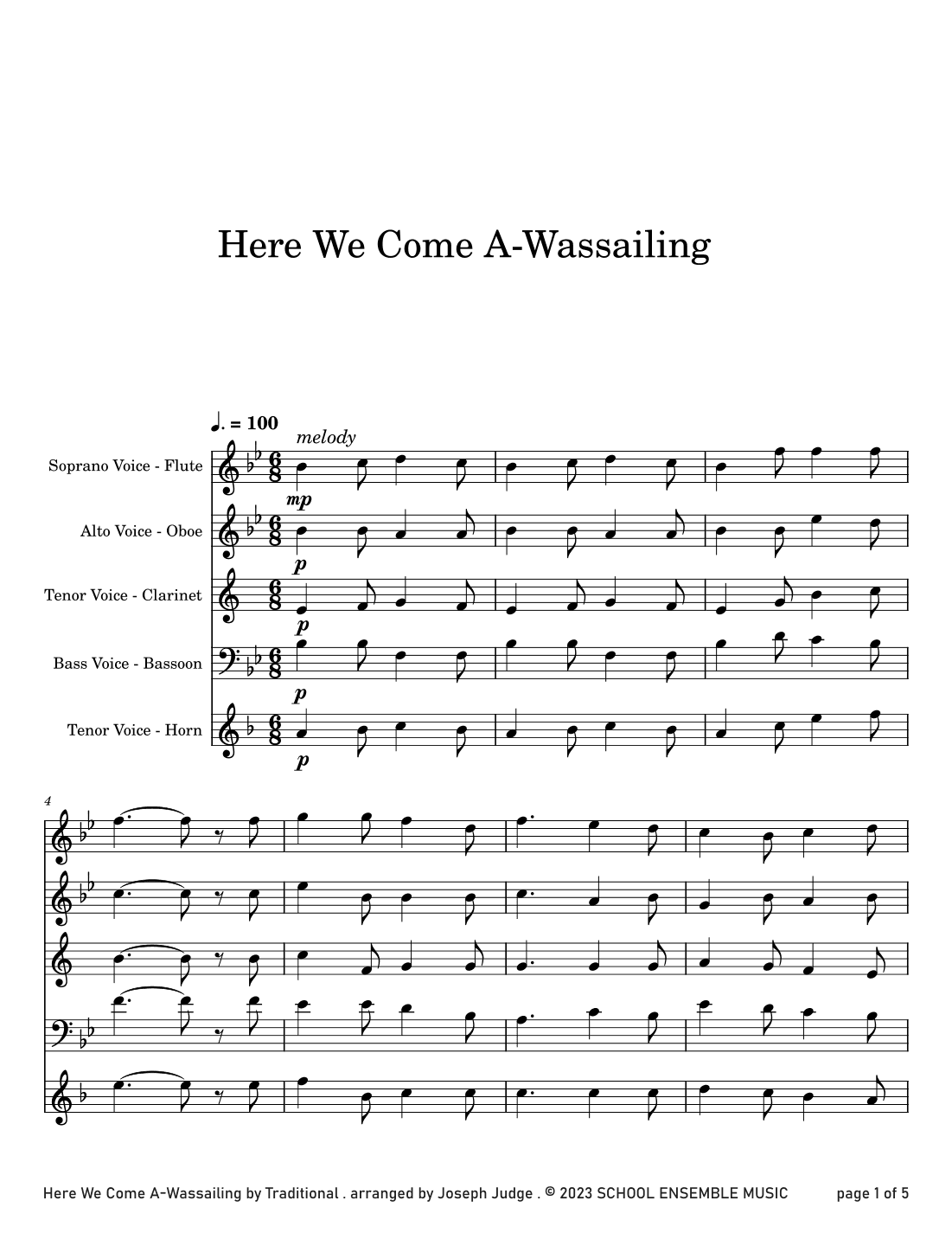 Here We Come A Wassailing for Woodwind Quartet in Schools (arr. Joseph Judge)