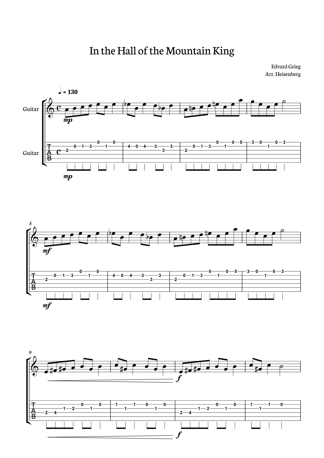 In The Hall of The Mountain King for Classical Guitar with tab (arr. Heisenberg)