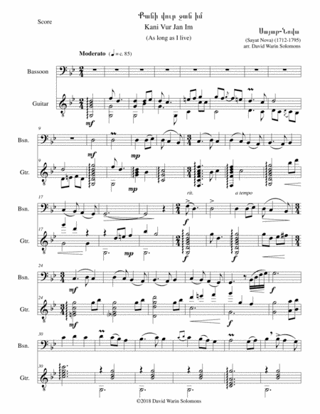 Kani Vur Jan Im (Քանի վուր ջան իմ) - (As long as I live) arranged for bassoon and classical guitar (arr. David Warin Solomons)