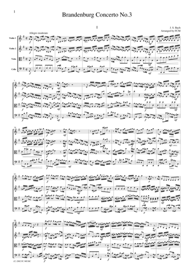 J.S.Bach  Brandenburg Concerto No.3, all mvts., BWV1048, for string quartet, CB212 (arr. FCMUSIC)