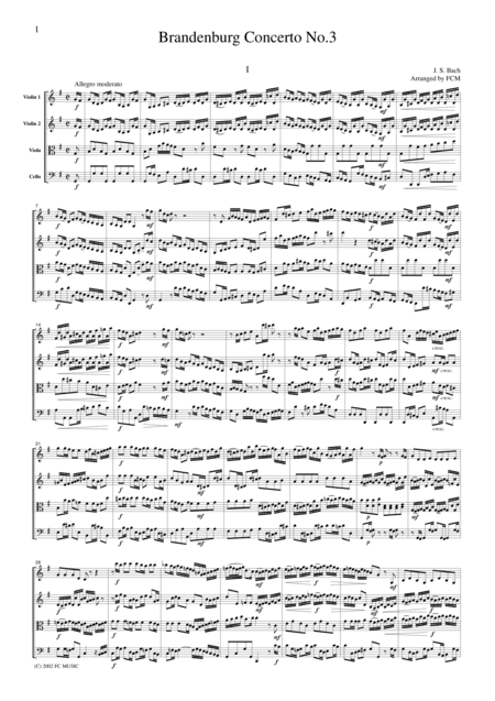 J.S.Bach  Brandenburg Concerto No.3, all mvts., BWV1048, for string quartet, CB212 (arr. FCMUSIC)