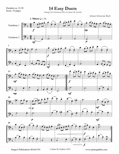 Bach: 14 Easy Duets for Trombone Duo (arr. James M. Guthrie, ASCAP)