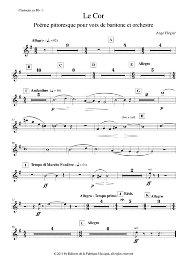 Ange Flégier: Le Cor for baritone voice and orchestra: Bb clarinet 1 part (arr. a)
