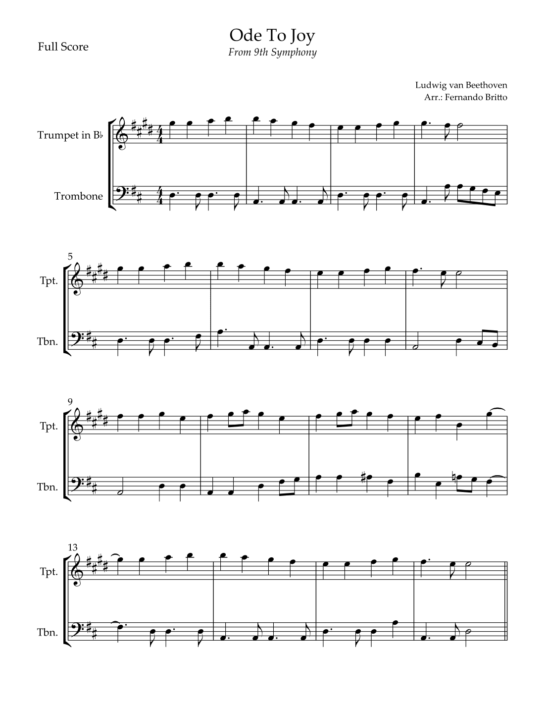 Ode To Joy Theme (from Beethoven's 9th Symphony) for Trumpet in Bb & Trombone Duo (arr. Fernando Britto)