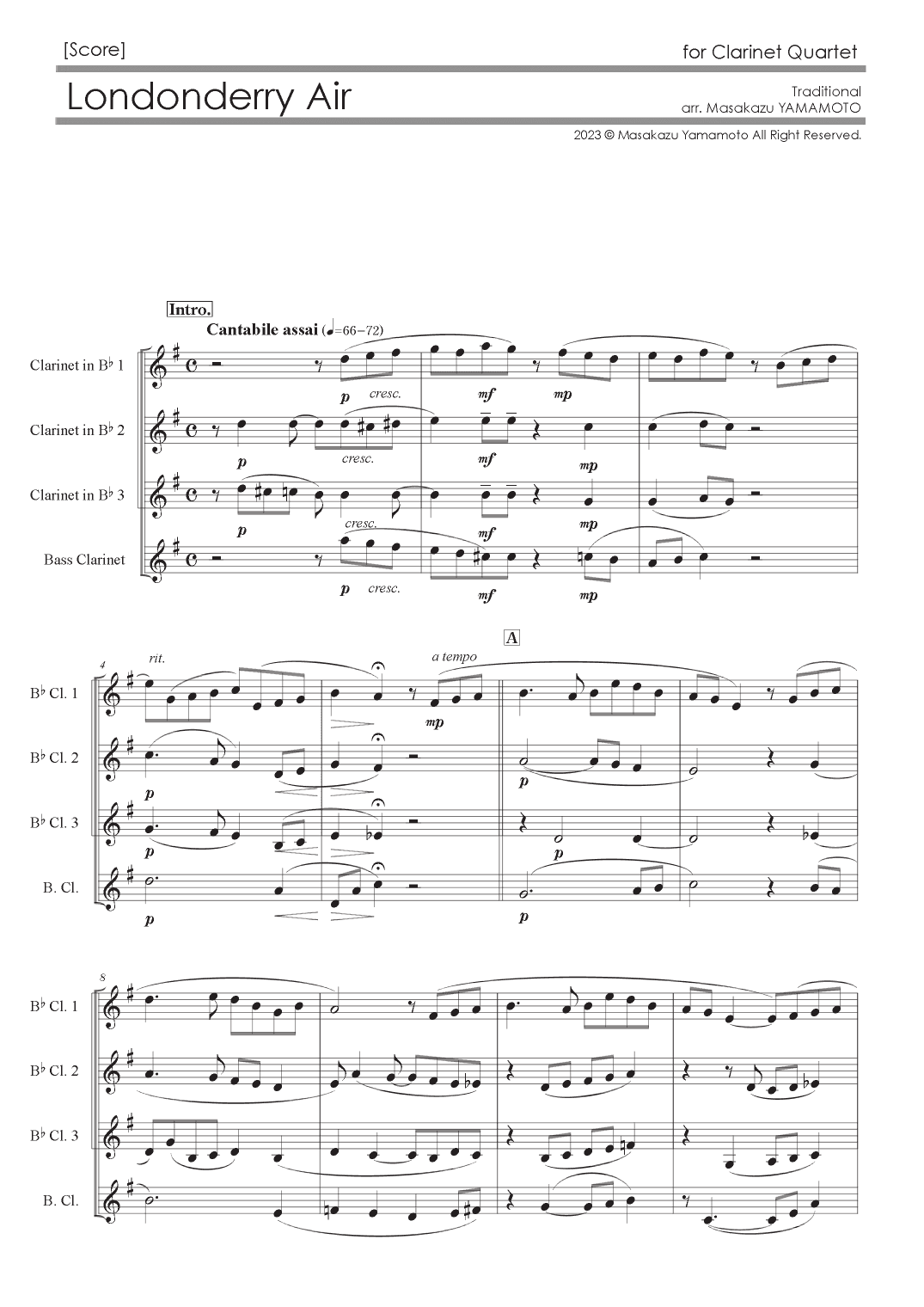 Londonderry Air (Danny Boy) [Clarinet Quartet] (arr. Masakazu YAMAMOTO)
