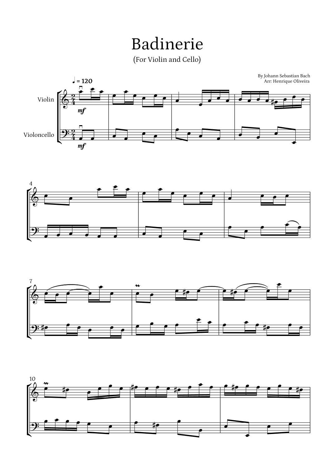Badinerie by J. S. Bach (For Violin and Cello) (arr. Henrique Oliveira)