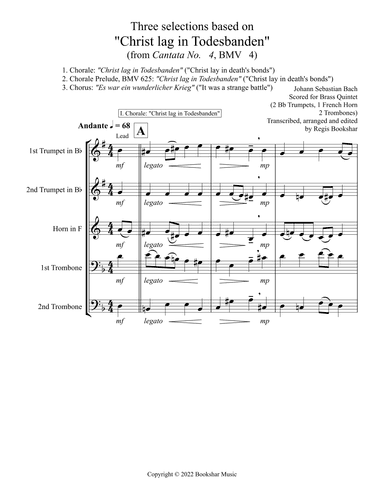 Three selections based on "Christ lag in Todesbanden" (Brass Quintet - 2 Trp, 1 Hrn, 2 Trb) (arr. Regis Bookshar)