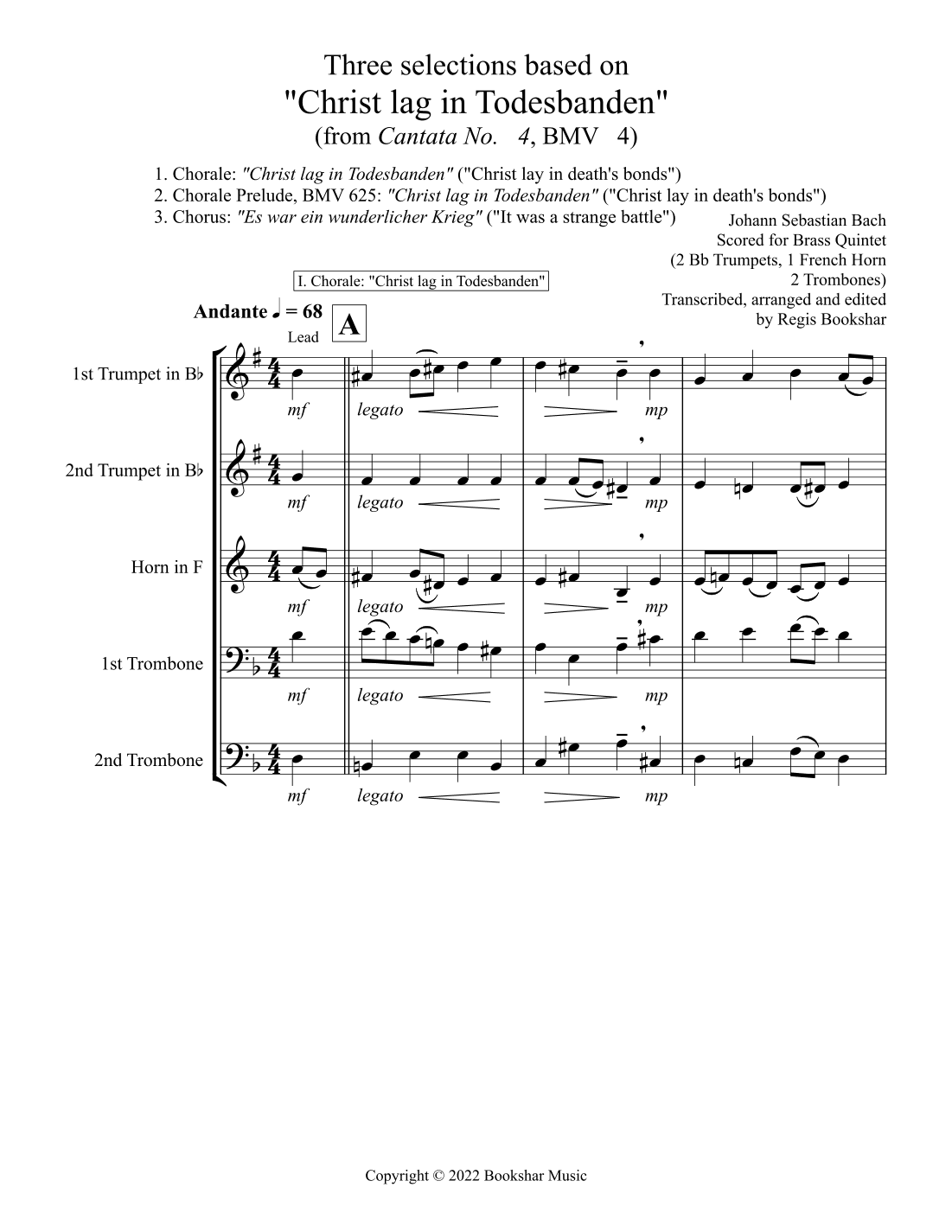 Three selections based on "Christ lag in Todesbanden" (Brass Quintet - 2 Trp, 1 Hrn, 2 Trb) (arr. Regis Bookshar)