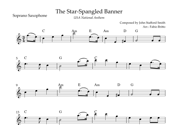 The Star Spangled Banner (USA National Anthem) for Soprano Saxophone Solo with Chords (Bb Major) (arr. Fabio Britto)