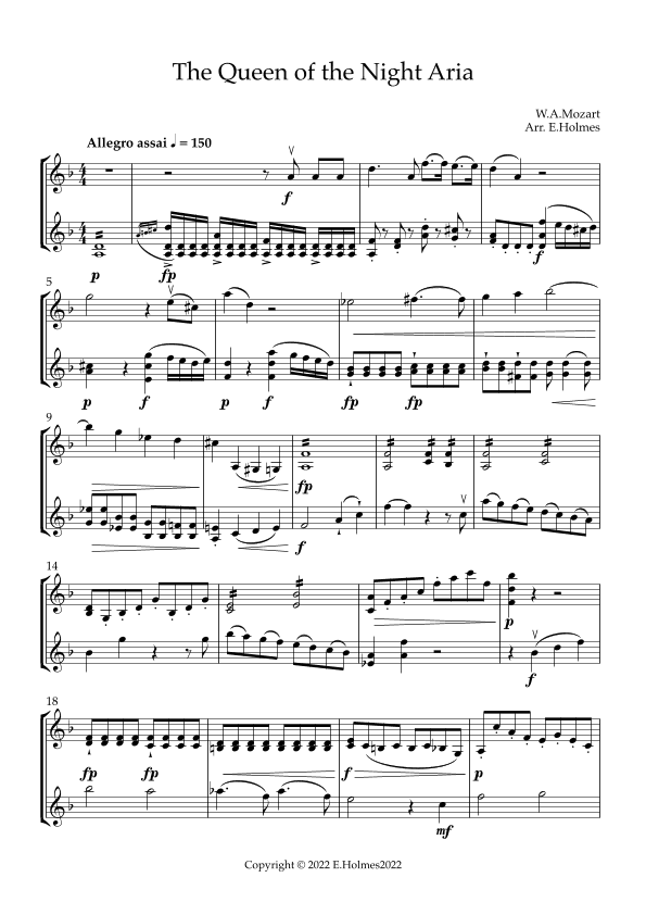 Mozart's "Queen of the Night" Aria for Two Violins (arr. Edward Holmes)