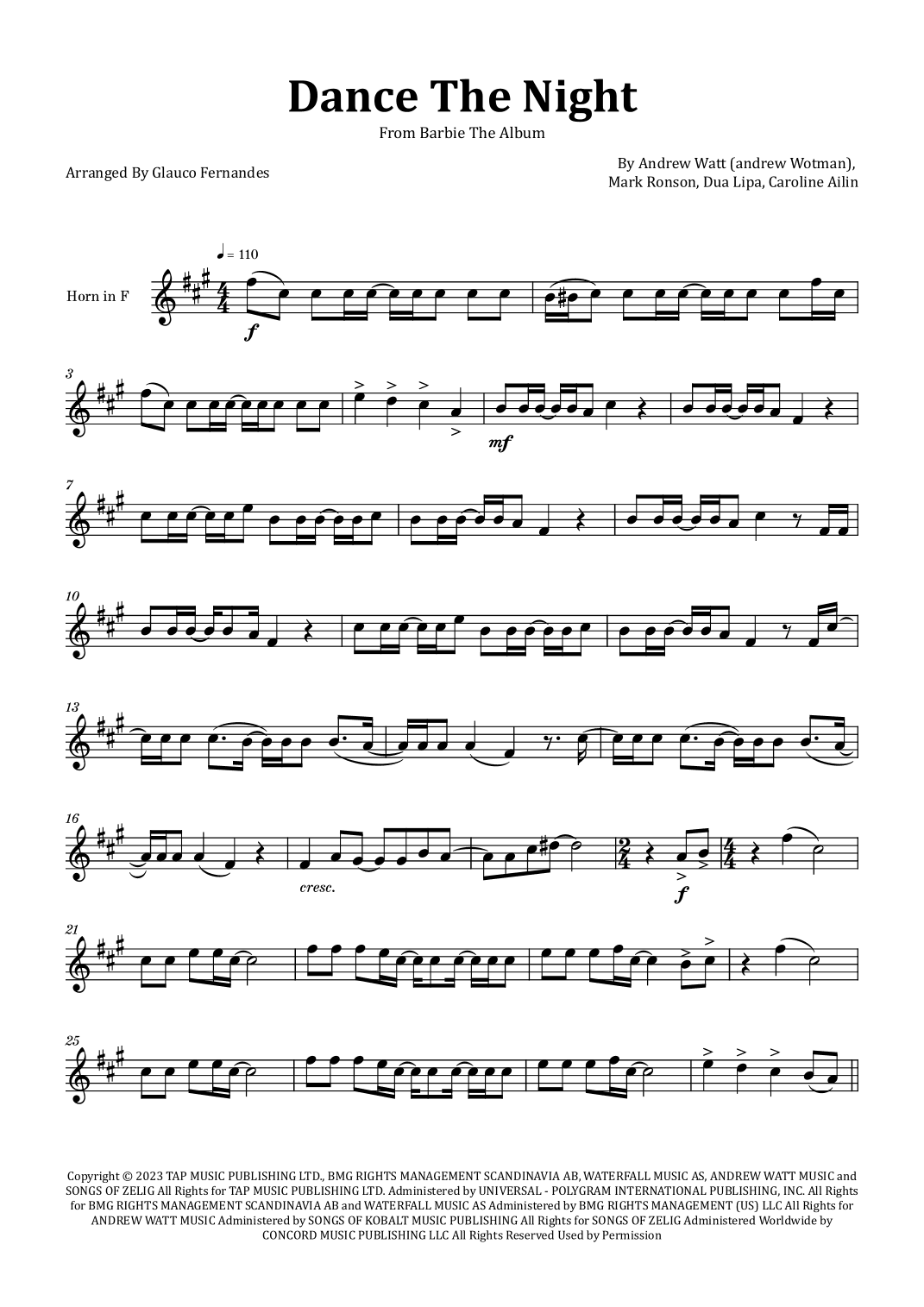 Dance The Night (arr. Glauco Fernandes)