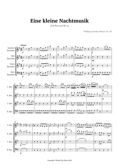 Eine kleine Nachtmusik by Mozart for Recorder Quartet (arr. Ander)