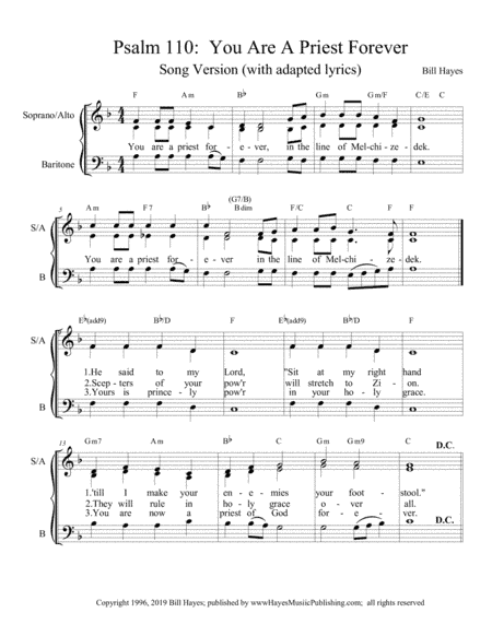 Psalm 110:  You Are A Priest Forever - SAB choral for the Solemnity of the Body and Blood of Christ,