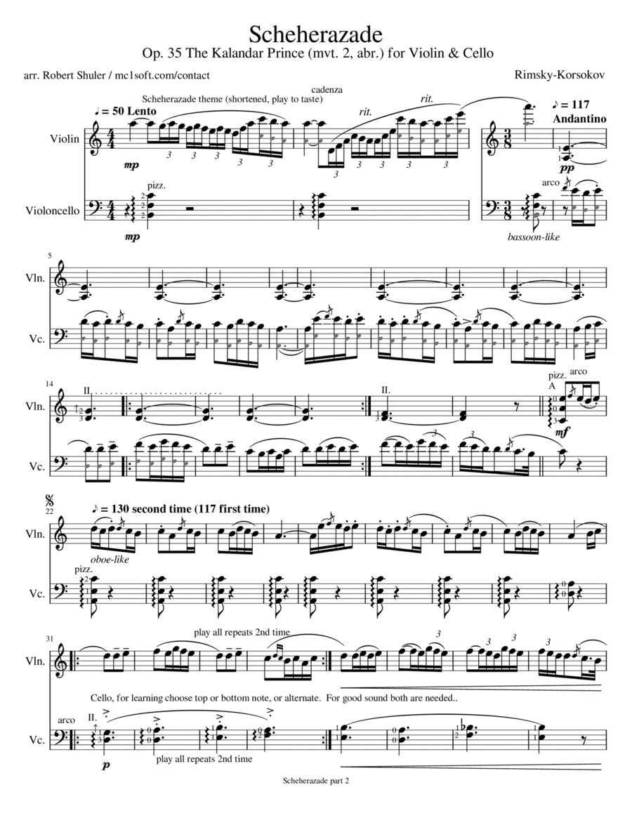 Scheherazade Movement 2 The Kalandar Prince for Violin & Cello (arr. Robert Shuler)