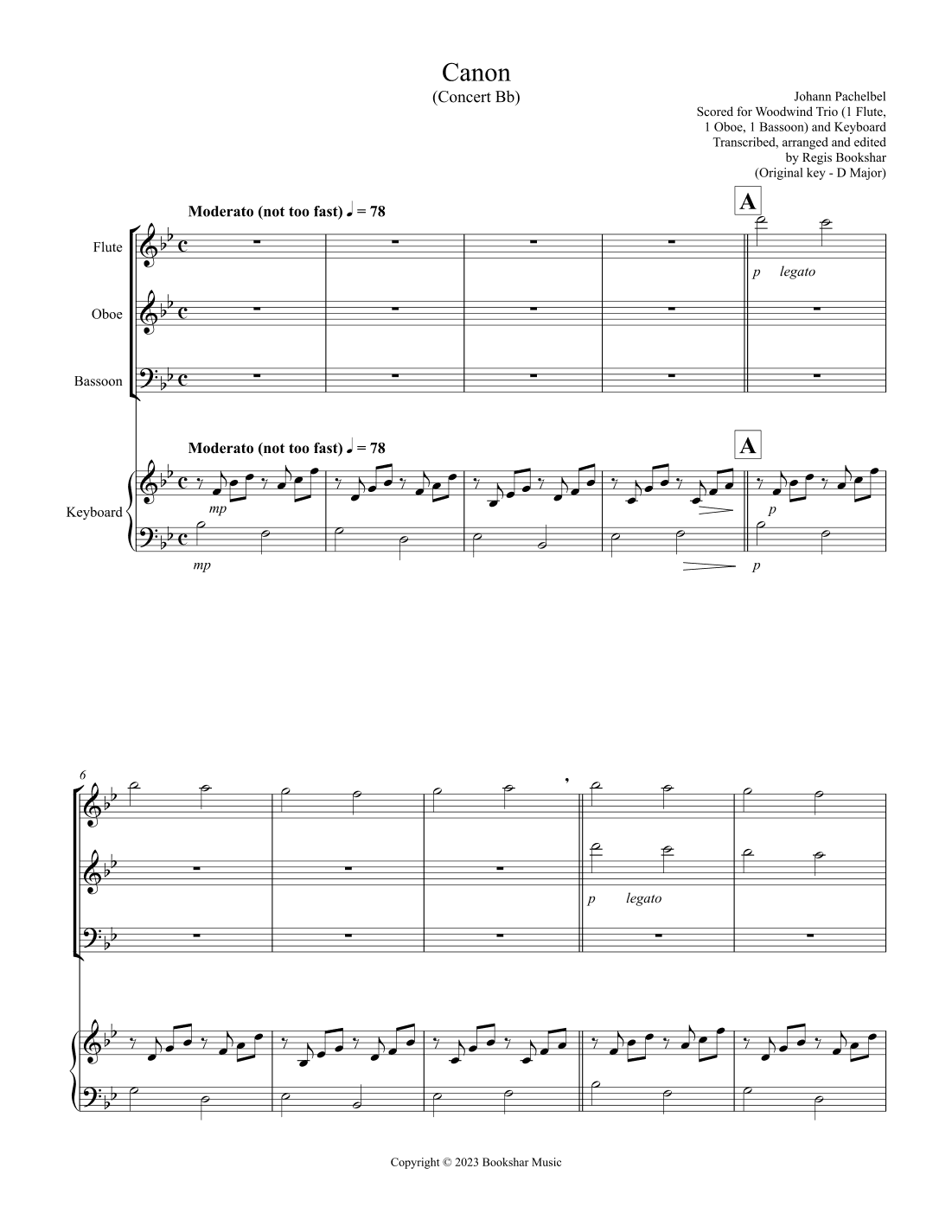 Canon (Pachelbel) (Bb) (Woodwind Trio - 1 Flute, 1 Oboe, 1 Bassoon), Keyboard) (arr. Regis Bookshar)