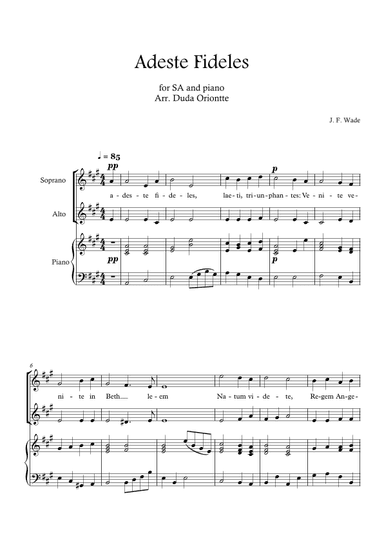 Adeste Fideles (SA - A major - 2 staffs - with piano - no chords) O Come All Ye Faiful (arr. Duda Oriontte)