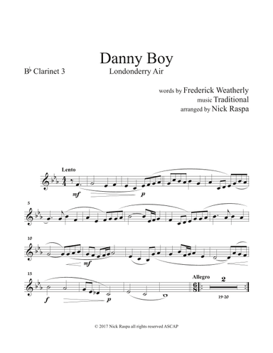 Danny Boy for Clarinet Quintet - B flat Clarinet 3 part (arr. Nick Raspa)