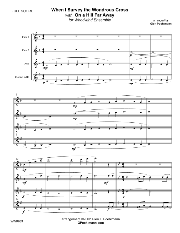 WHEN I SURVEY THE WONDROUS CROSS + ON A HILL FAR AWAY (Old Rugged Cross) 2 Flutes, Oboe & Clarinet (arr. Glen Poehlmann)