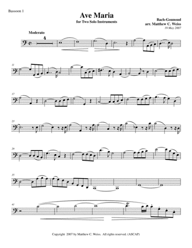 Ave Maria for Two Solo Instruments - Bassoon 1 (arr. Matthew C. Weiss)
