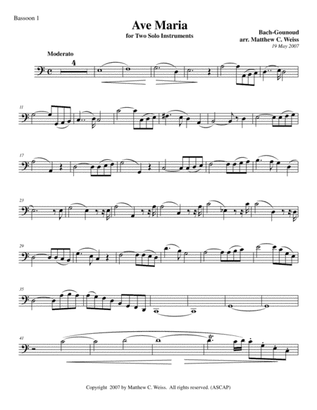 Ave Maria for Two Solo Instruments - Bassoon 1 (arr. Matthew C. Weiss)