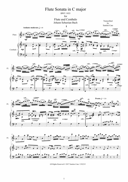 Bach - Flute Sonata in C major BWV 1033 for Flute and Harpsichord or Piano (arr. Santino Cara)