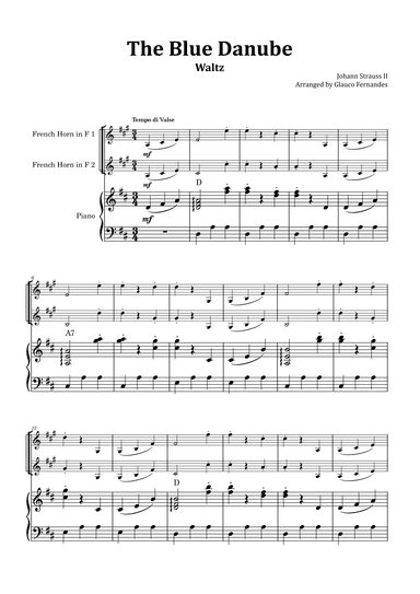 The Blue Danube - French Horn Duet with Piano and Chord Notations (arr. Glauco Fernandes)