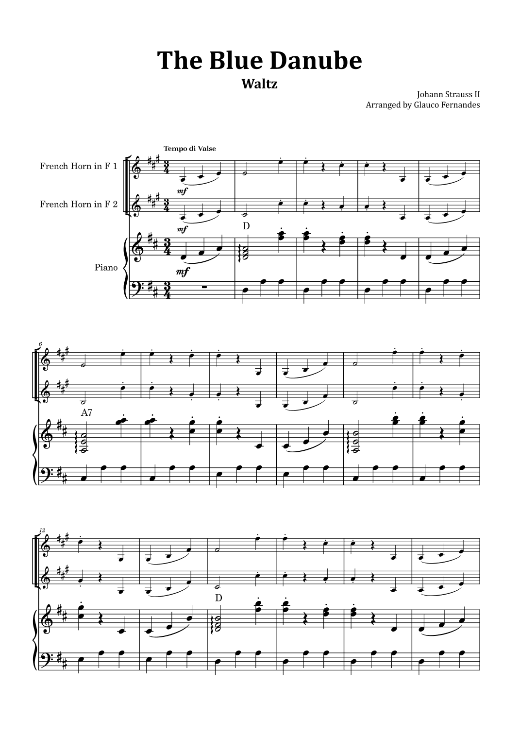 The Blue Danube - French Horn Duet with Piano and Chord Notations (arr. Glauco Fernandes)