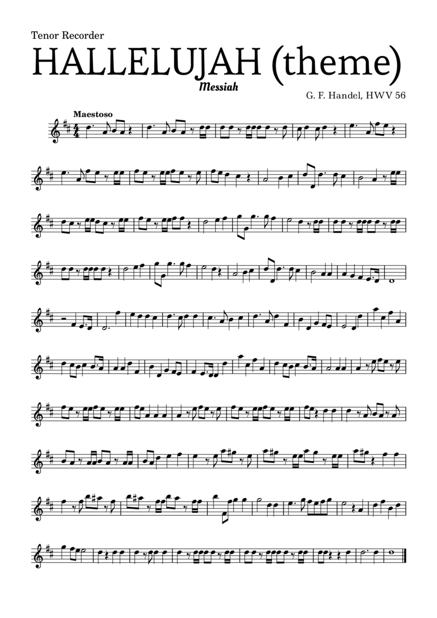 Aleluia (HALLELUJAH), of the Messiah - for Tenor Recorder and accompaniment (arr. Leyandder Trustworthy)