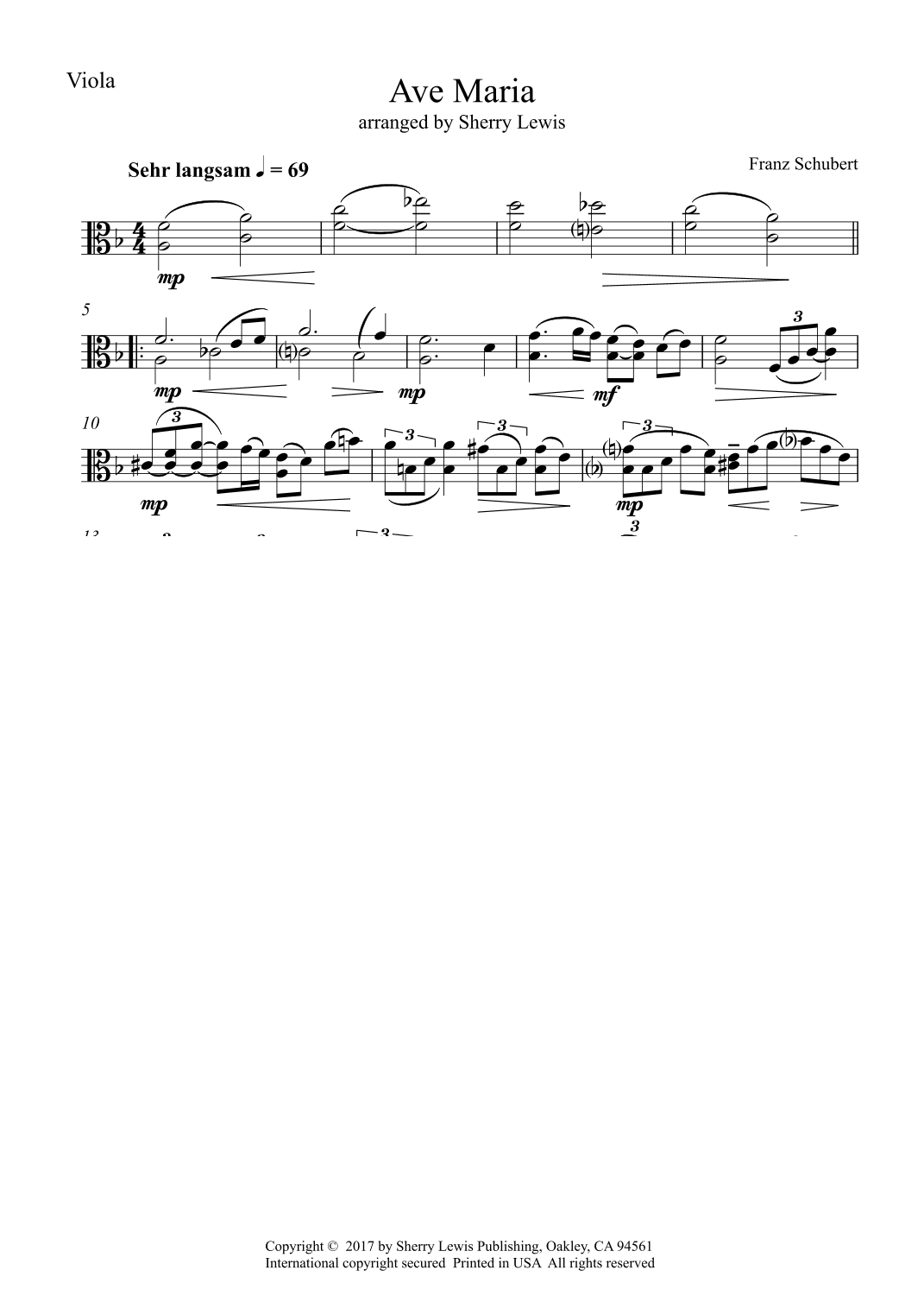 Ave Maria  for Viola Solo by F. Schubert (arr. Sherry Lewis)
