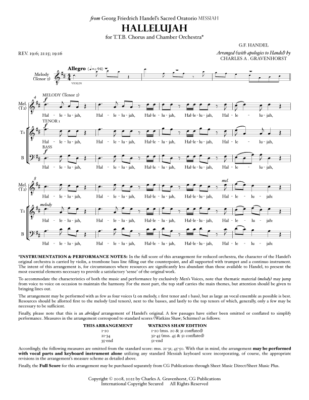 Hallelujah (from “MESSIAH”) for Men’s Chorus (TTB) – VOCAL PARTS (arr. Charles A. Gravenhorst)