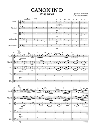 Canon in D for String Quintet with chords (arr. Maurício Luz)