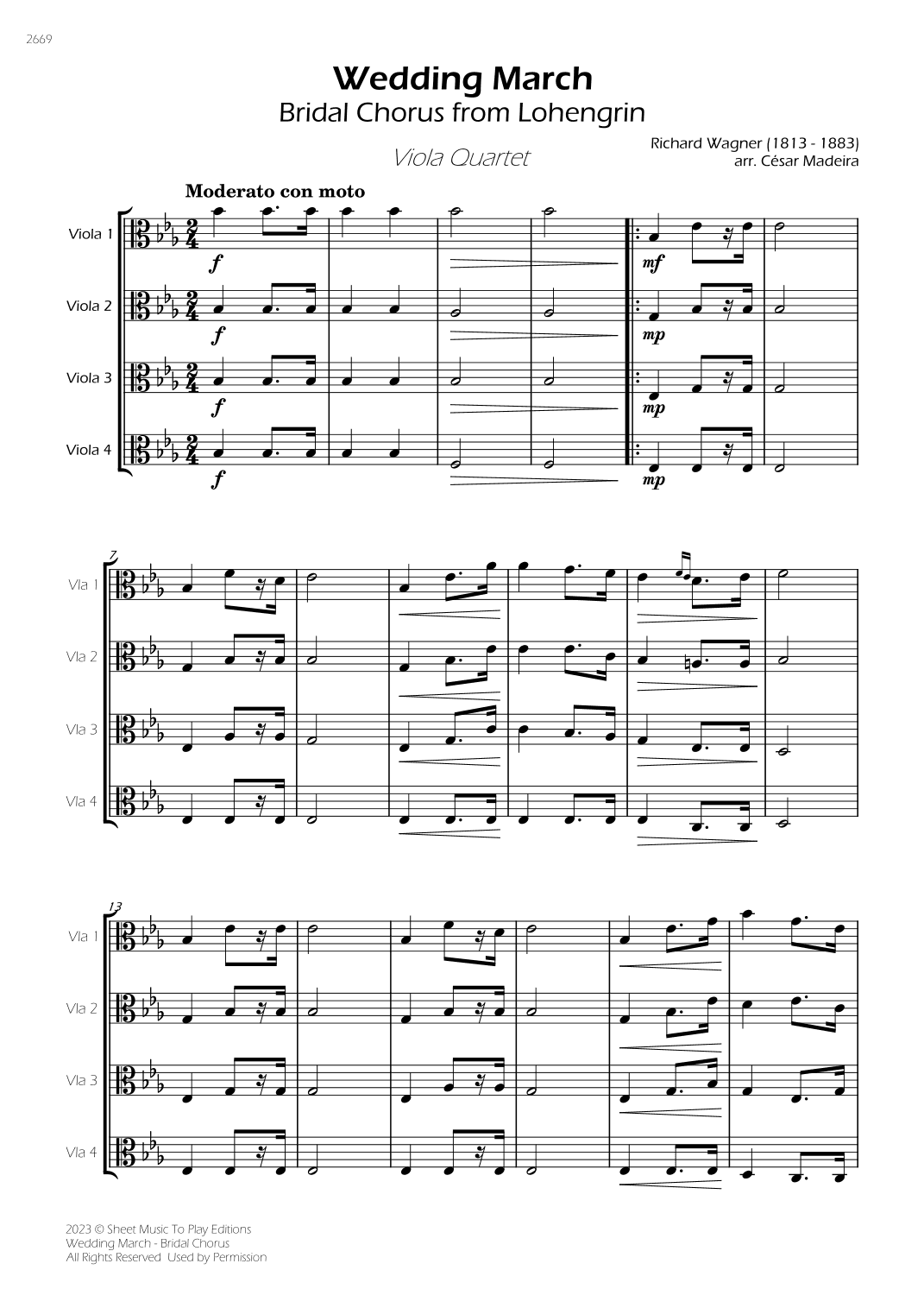 Wedding March (Bridal Chorus) - Viola Quartet (Full Score) - Score Only (arr. César Madeira)