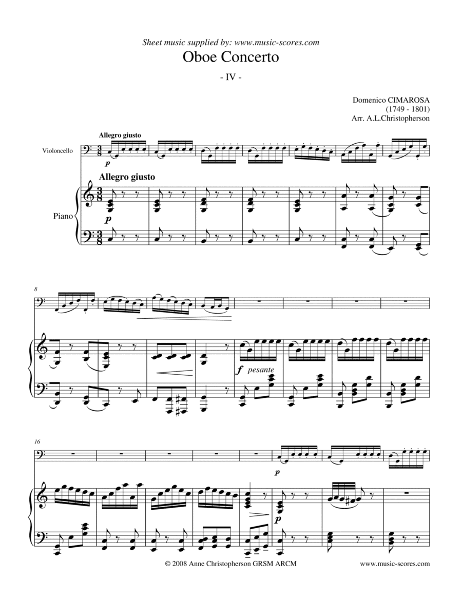 Cimarosa Allegro Giusto - 4th movement from Oboe Concerto - Cello and Piano (arr. Anne L Christopherson GRSM ARCM)