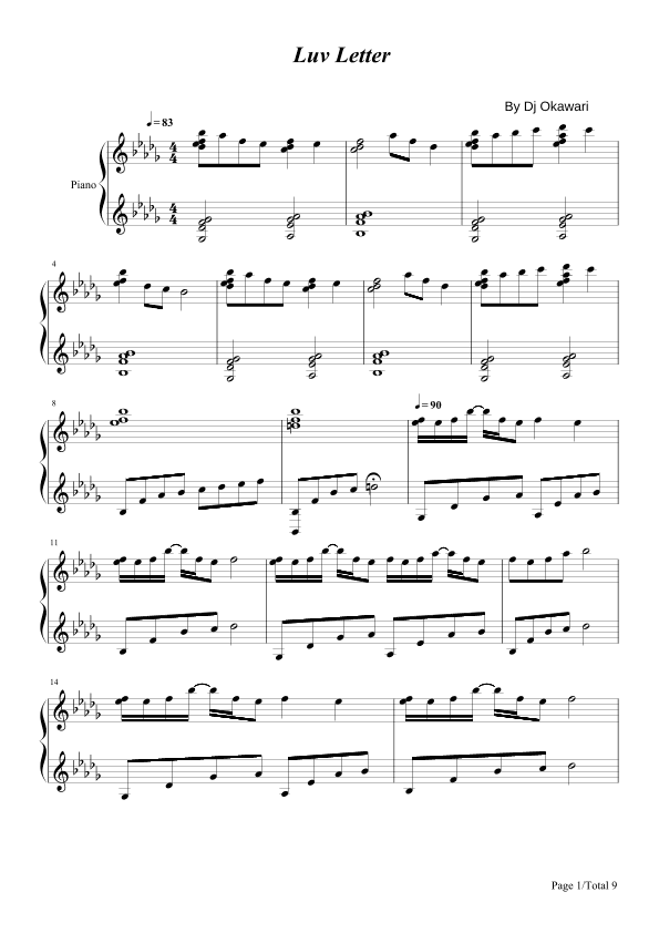 Luv Letter,Piano Solo Sheet,B Flat,Dj Okawari (arr. poon)