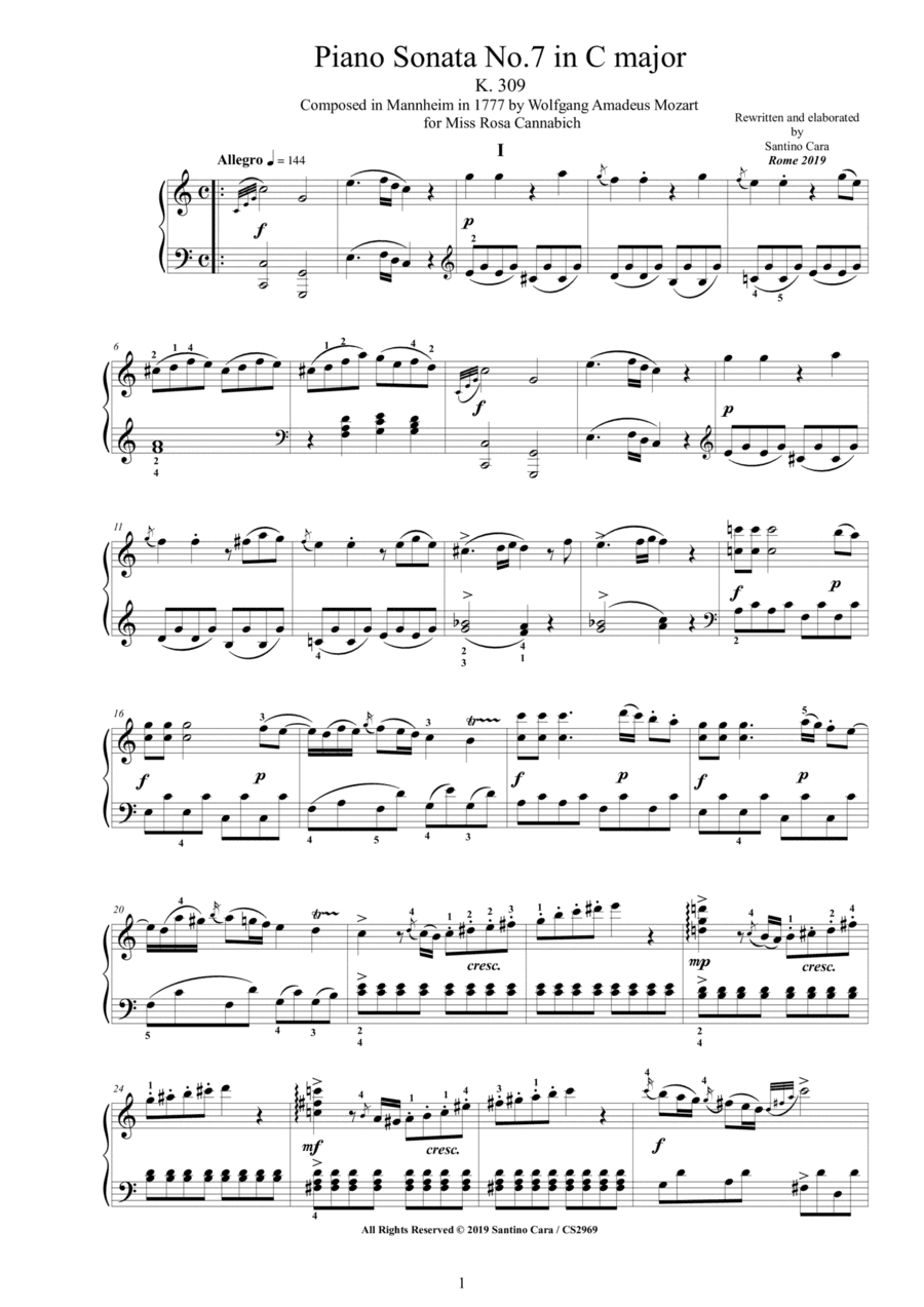 Mozart - Piano Sonata No.7 in C major K 309 - Complete score (arr. Santino Cara)