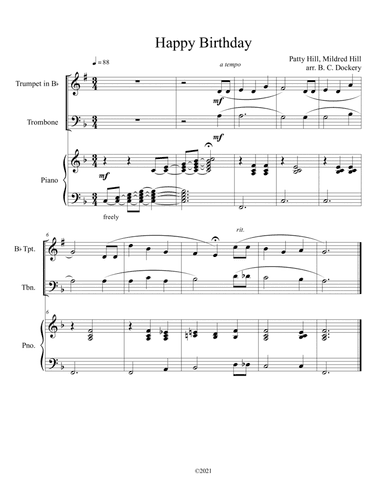 Happy Birthday (Trumpet and Trombone Duet) with optional piano accompaniment (arr. B. C. Dockery)