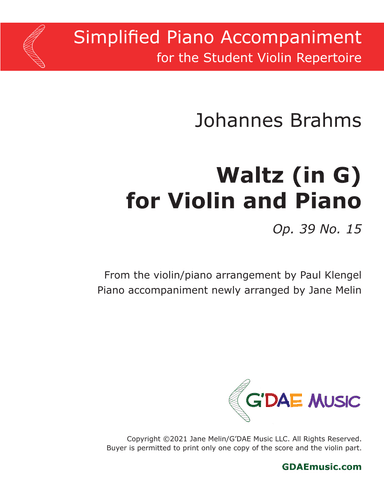 Brahms - Waltz in G for Violin and Piano - Simplified Piano Accompaniment (arr. Paul Klengel, Jane Melin)