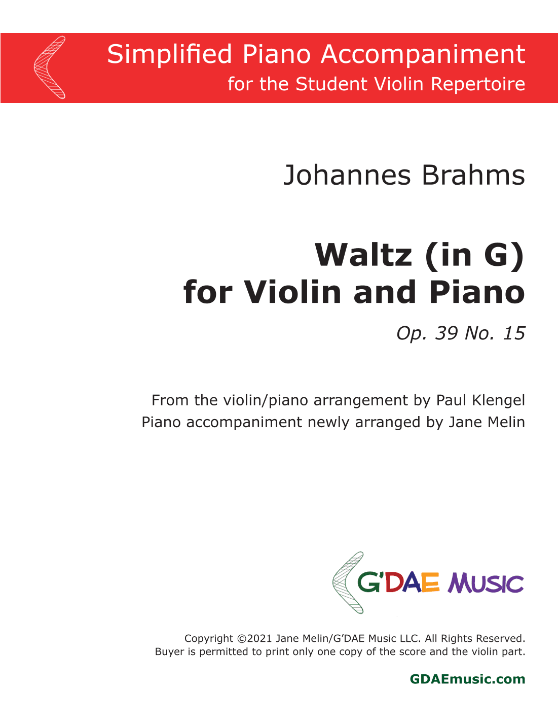 Brahms - Waltz in G for Violin and Piano - Simplified Piano Accompaniment (arr. Paul Klengel, Jane Melin)