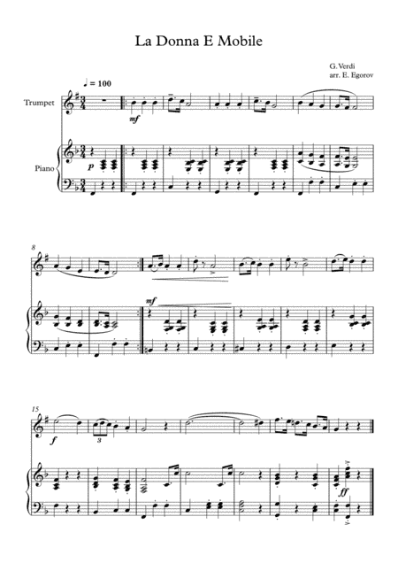 La Donna E Mobile, Giuseppe Verdi, For Trumpet & Piano (arr. Eugene Egorov)
