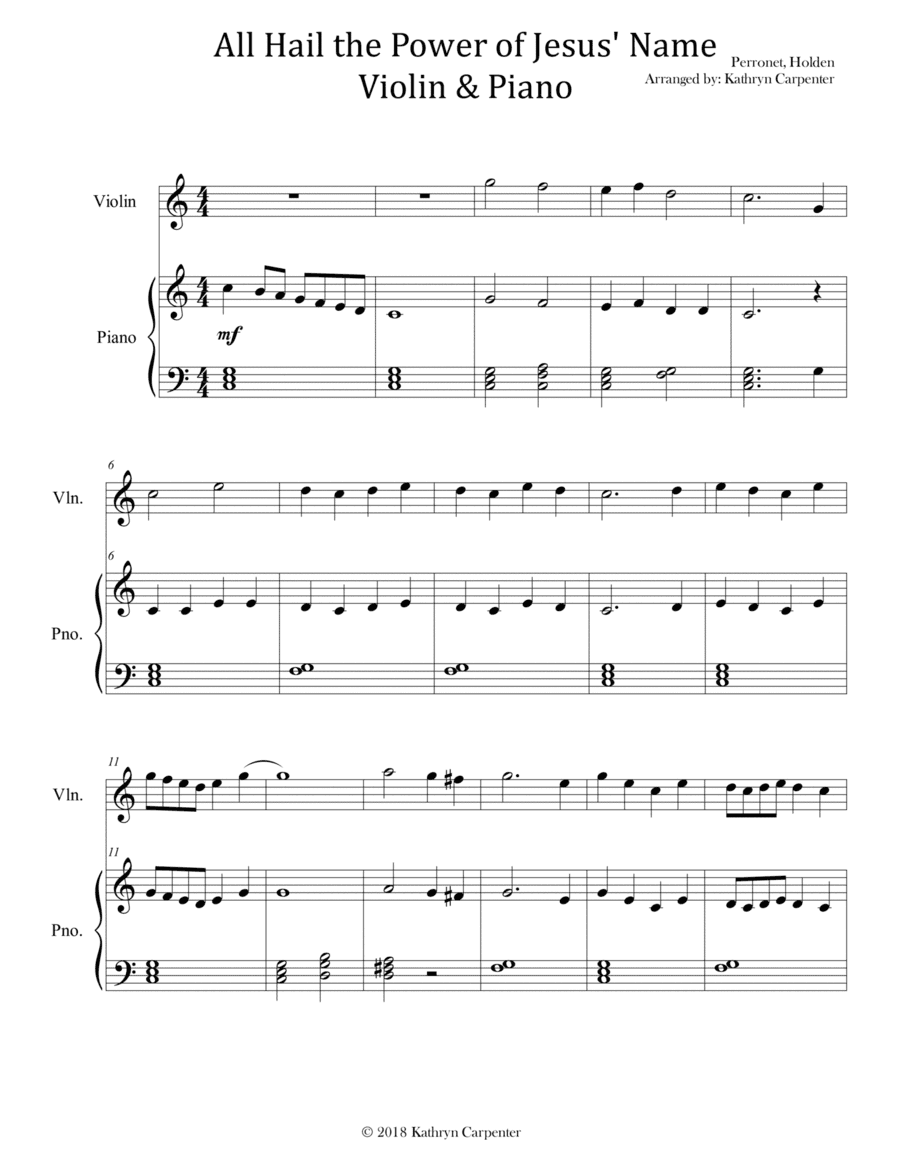 All Hail the Power of Jesus Name (Easy Piano & Violin) (arr. Kathryn Carpenter)