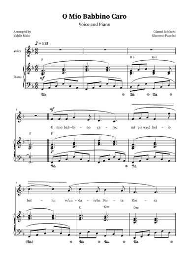 O Mio Babbino Caro - Female Voice in F Major (with chords) (arr. Valdir Maia)
