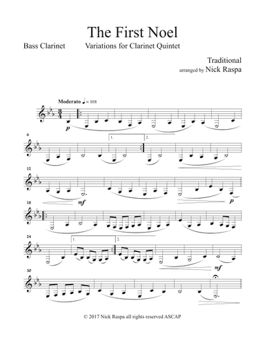 The First Noel (Variations for Clarinet Quintet) Bass Clarinet part (arr. Nick Raspa)