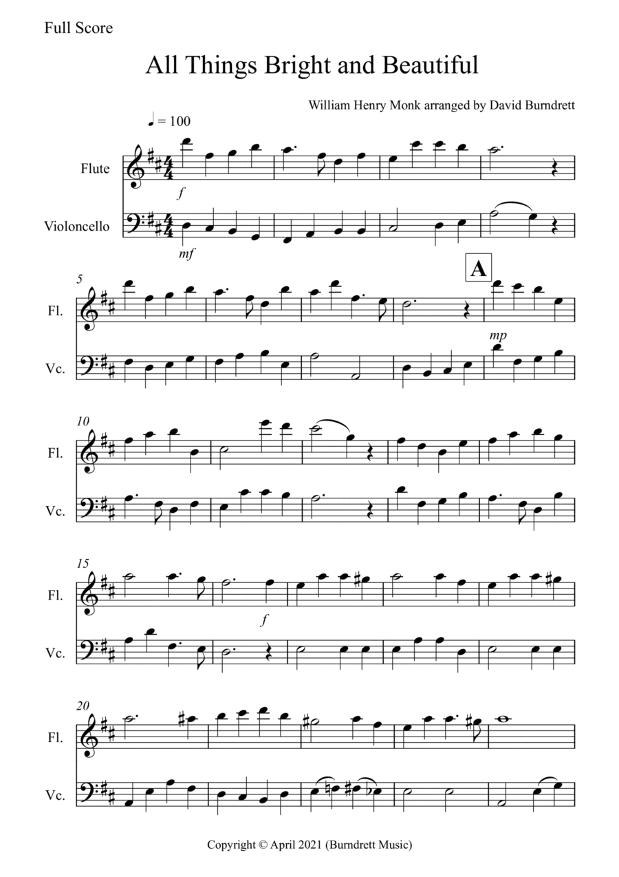 All Things Bright and Beautiful for Flute and Cello Duet (arr. David Burndrett)