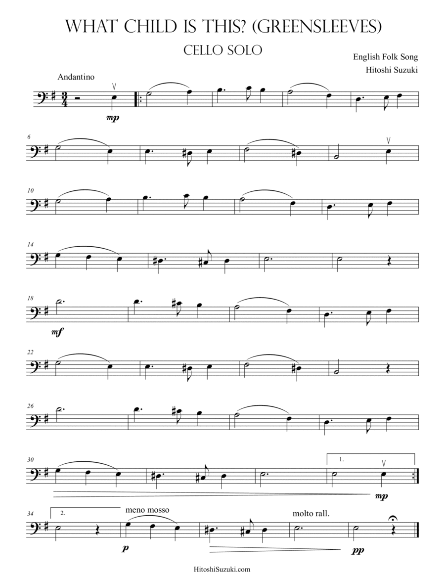 Greensleeves (What Child Is This?) for Cello Solo (arr. Hitoshi Suzuki)