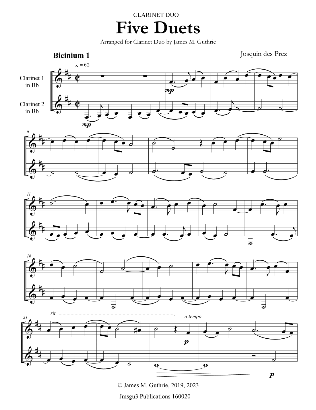 Josquin: Five Duets for Clarinet Duo (arr. James M. Guthrie)
