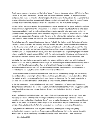 Mozart's K478 arr. for piano ,flute, clarinet, Horn in F (or alt. for Cor Anglais), bassoon (arr. Nick Stokes)