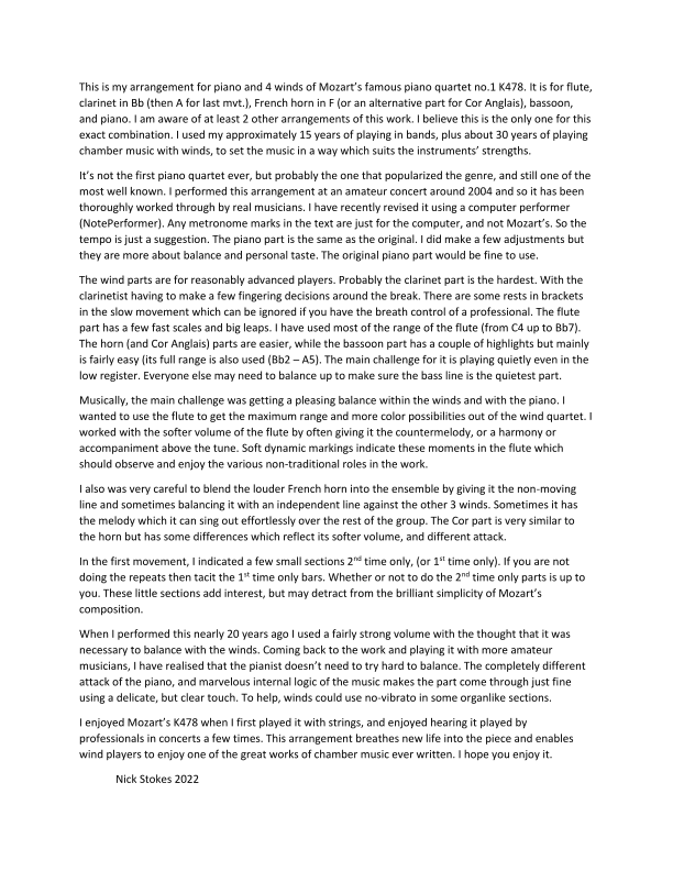 Mozart's K478 arr. for piano ,flute, clarinet, Horn in F (or alt. for Cor Anglais), bassoon (arr. Nick Stokes)